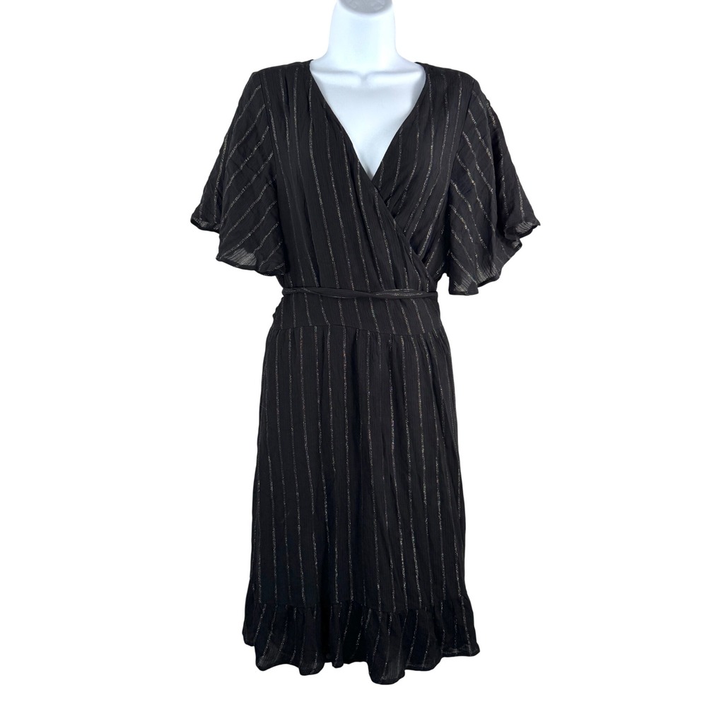 Idyllwind Black Metallic Stripe flutter sleeve whimsigoth Wrap Midi Dress‎ XXL
